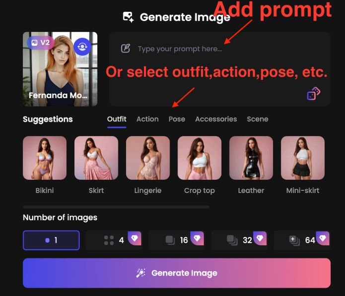Paso 3 - agrega un mensaje o selecciona manualmente el atuendo, la acción, la pose, los accesorios y la escena.