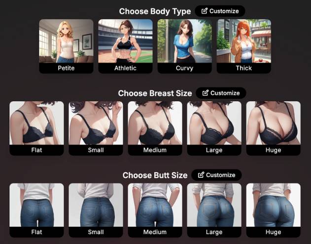 Paso 4 - elige el tipo de cuerpo, el tamano de los senos y el tamano de los gluteos