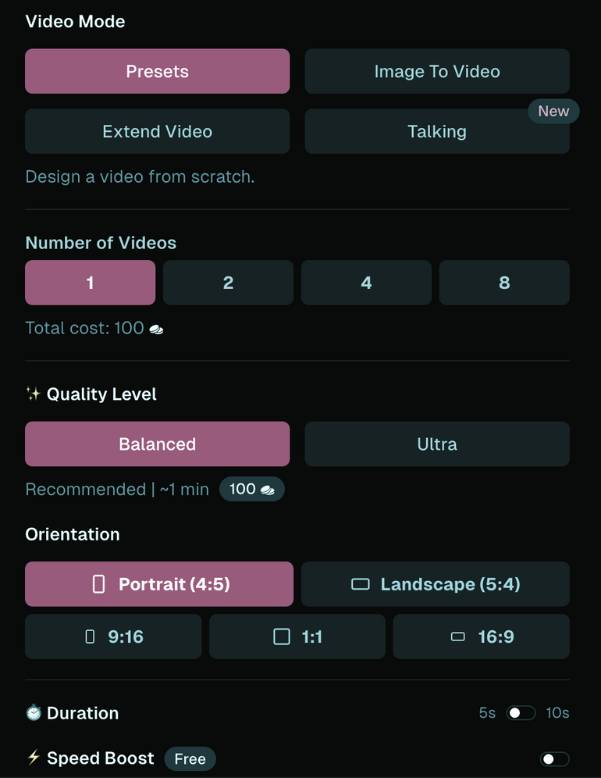 Paso 4 - seleccione el modo de video, numero de videos, calidad, orientacion, duracion, velocidad