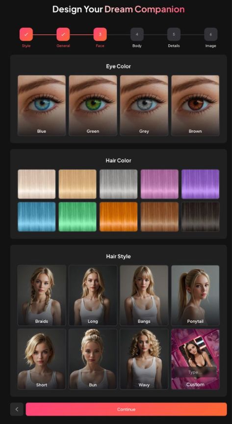 Paso 3 - Selecciona el color de ojos, el color de pelo y el peinado