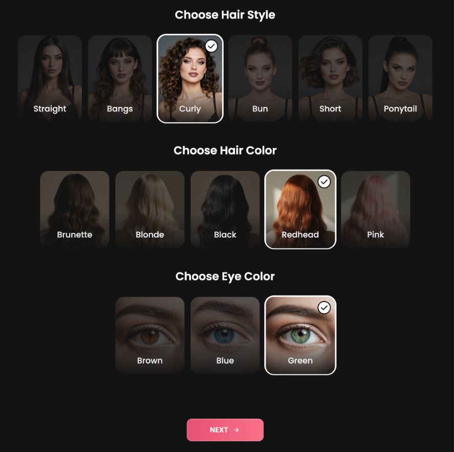 Paso 3 - elige el peinado, el color de pelo y el color de ojos