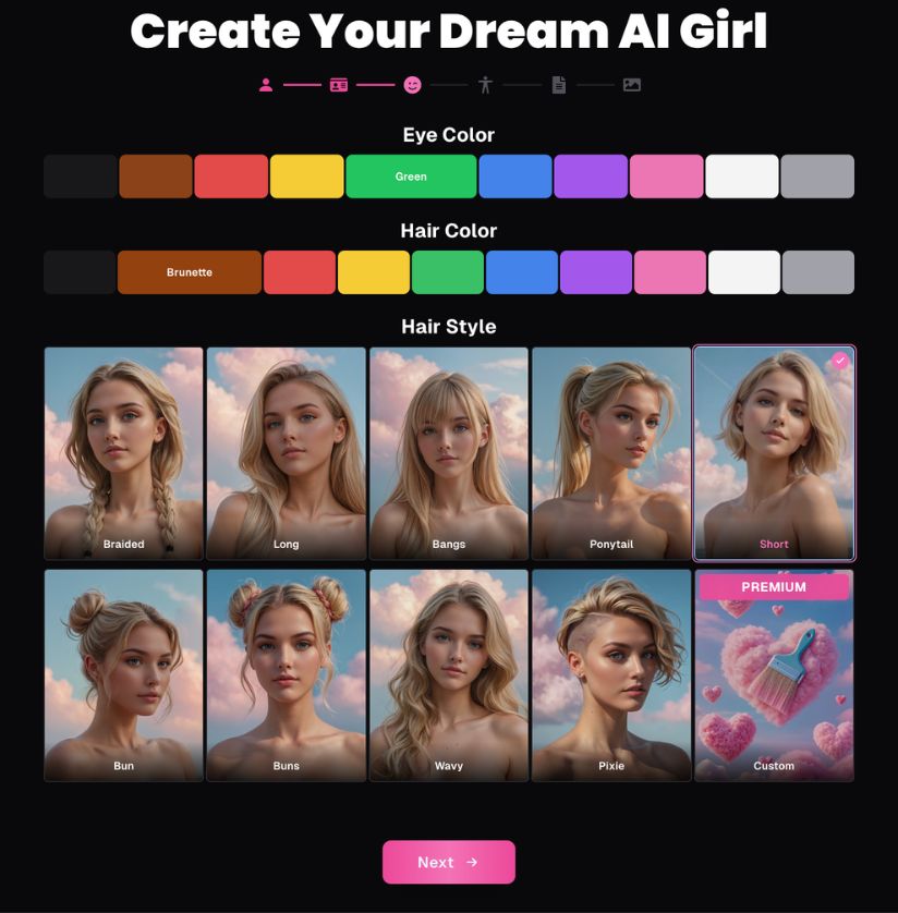 Paso 3 - selecciona el color de ojos, el color de pelo y el peinado