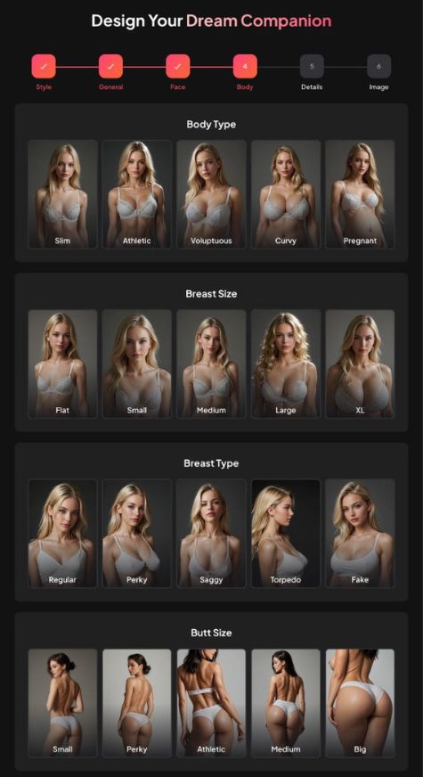 Paso 4 - Selecciona la complexión, el tamaño de los senos, el tipo de busto y el tamaño del trasero
